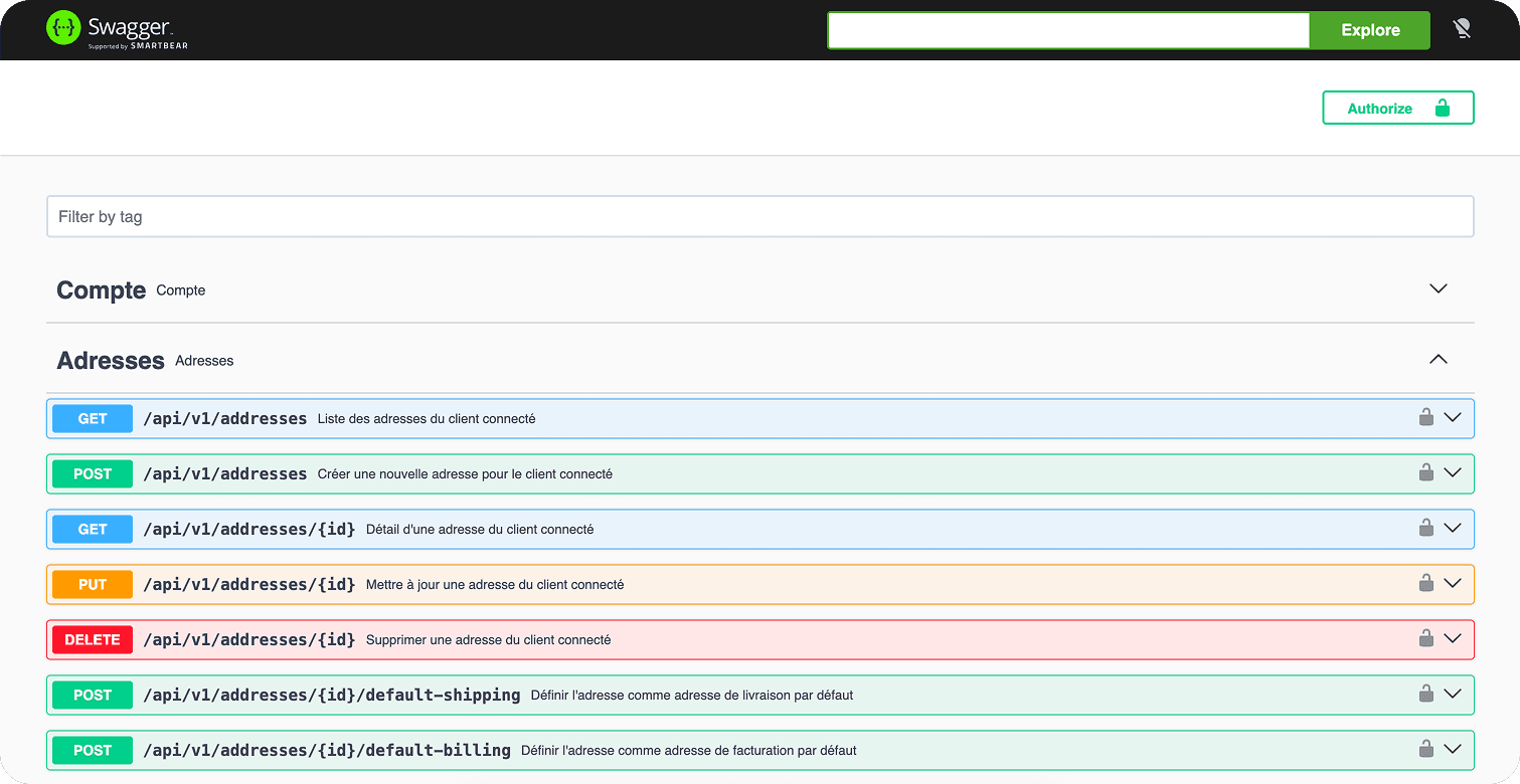 Interface de documentation API Swagger